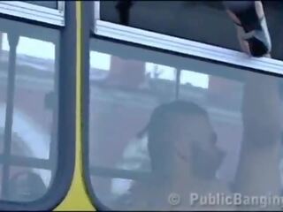 Crazy daring public bus xxx movie action in front of amazed passengers and strangers by a couple with a cute girl and a guy with big phallus doing a blowjob and a vaginal intercourse in a local transportation